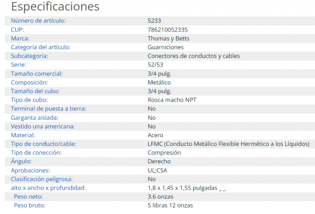 Straight connectors TB Fittings Especificaciones